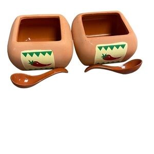 Terra Cotta set of salsa‎ bowls with spoons